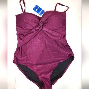New Twist Front One Piece Swimsuit Modest Burgundy Red Womens Size 14